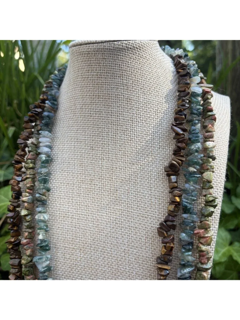 Boho Natural Stone Chip Necklace Bundle Tiger's Eye Unakite Moss Agate Long 32
